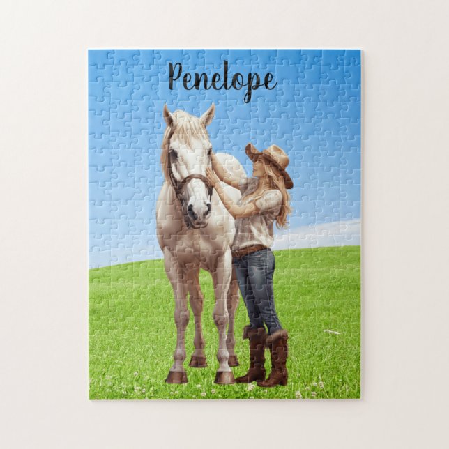 Horse Girl Horseback Riding Meadow Personalized Pussel (Vertikal)