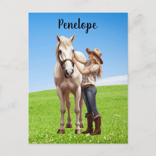 Horse Girl Horseback Riding Meadow Personalized Vykort (Framsida)