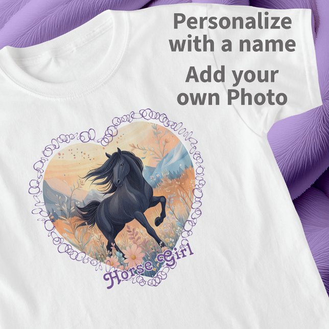 Horse Girl Personlig Black Vild Stallion Blommigt T Shirt (Horse Girl Personalized Black Wild Stallion Floral T-Shirt. Personalize with your name and photo!)