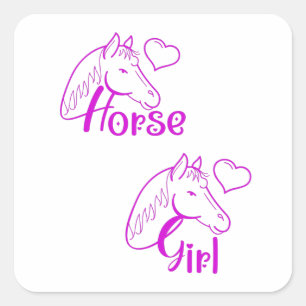 Horse Girl vid Lila med Horse Head Font Fyrkantigt Klistermärke