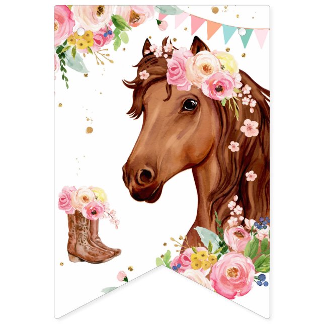 Horse Grattis på födelsedagen Girl Rosa Blommigt S Vimplar (Första flaggan)