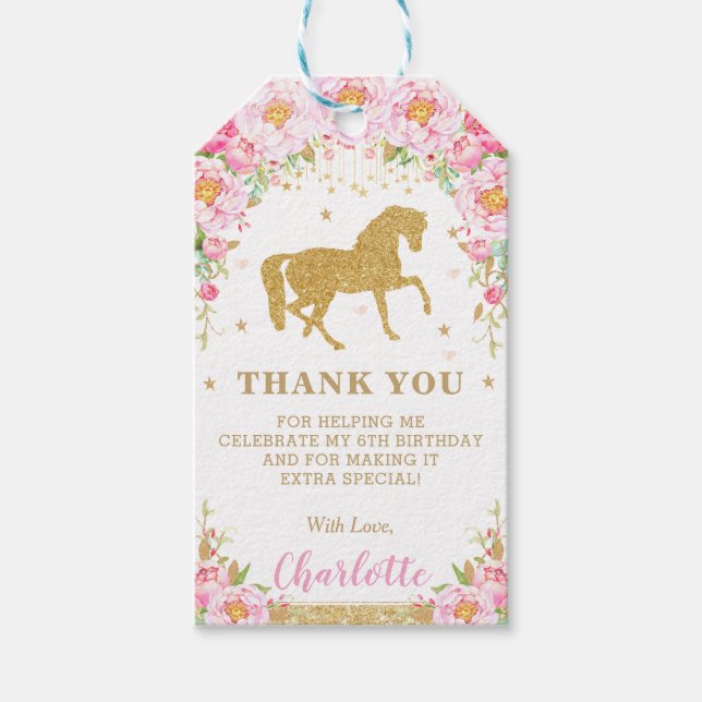 Horse Guld Rosa Blommigt Birthday Favor Tack Presentetikett (Framsidan)