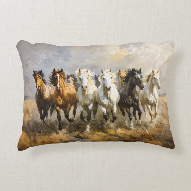 Horse Herd Galloping Mustang Painting Prydnadskudde (Framsidan)
