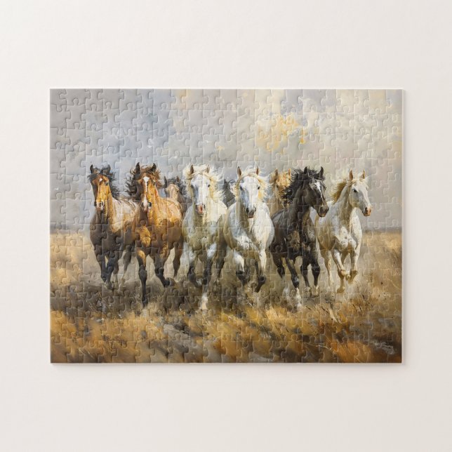 Horse Herd Galloping Mustang Painting Pussel (Horisontell)