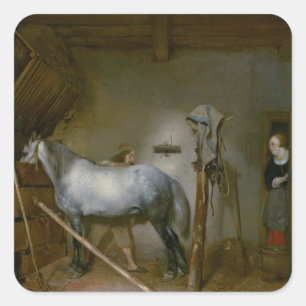 Horse in a Stable, c.1652-54 (olja på panel) Fyrkantigt Klistermärke