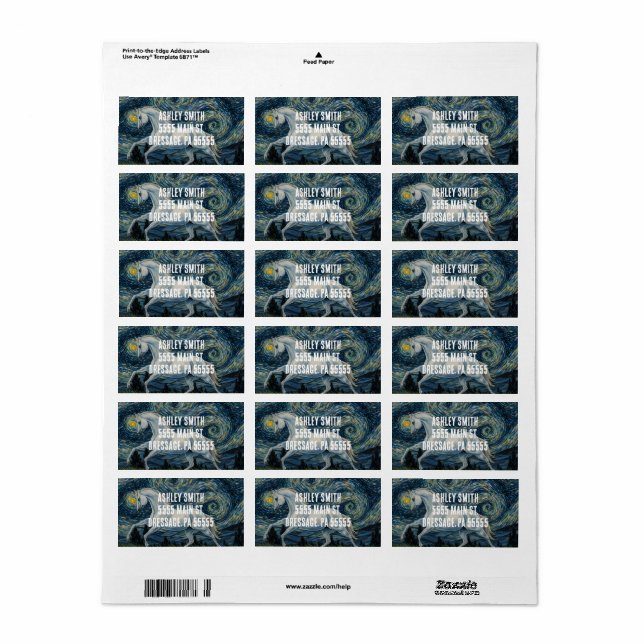 Horse in Van Gogh Starry Night Adressetikett (Helt Ark)