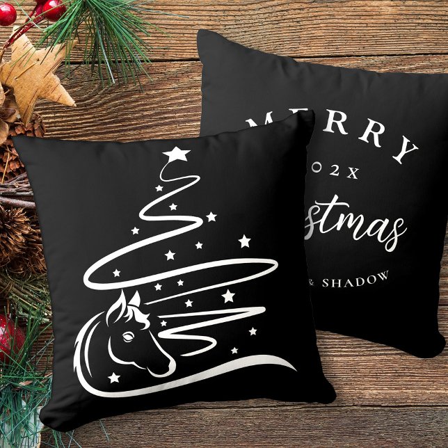 Horse Julgran Equestrian, svart och vit Kudde (Horse Christmas tree personalized pillow, black and white vector art.)