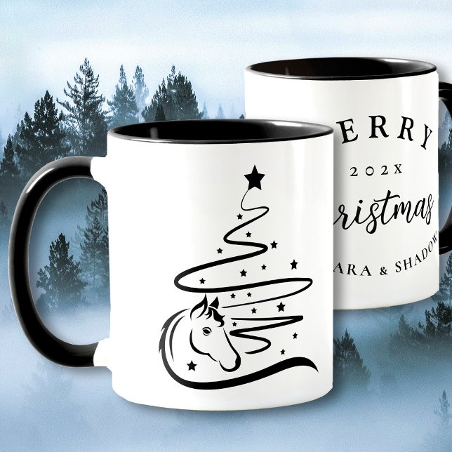 Horse Julgran Equestrian, svart och vit Mugg (Horse Christmas tree mug, vector art. )