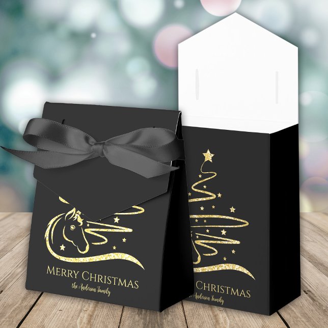 Horse Julgran Guld glitter Equestrian Presentaskar (Horse Christmas tree gold glitter and black gift boxes, personalized,)