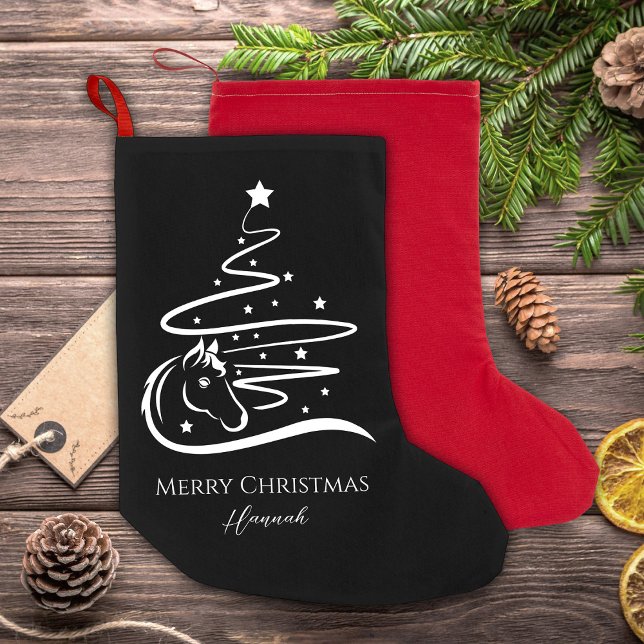 Horse Julgran svartvit Equestrian Liten Julstrumpa (Horse Christmas tree Christmas stockings, personalized, vector art.)