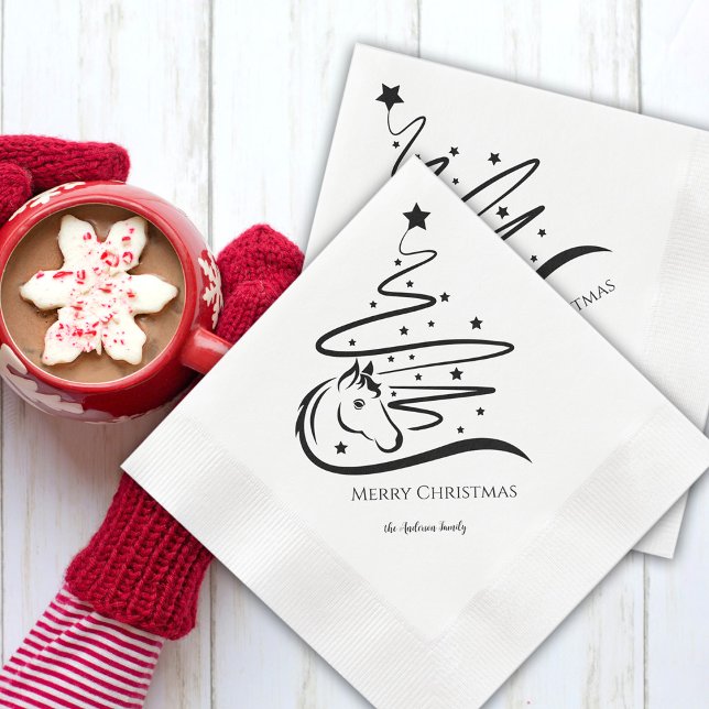 Horse Julgran svartvitEquestrian Pappersservett (Horse Christmas tree paper napkins with personalized text)