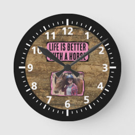 Horse Lover 1 fotosvart rosa, rustik Rund Klocka