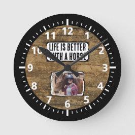 Horse lover 1, svart, vit rustik rund klocka