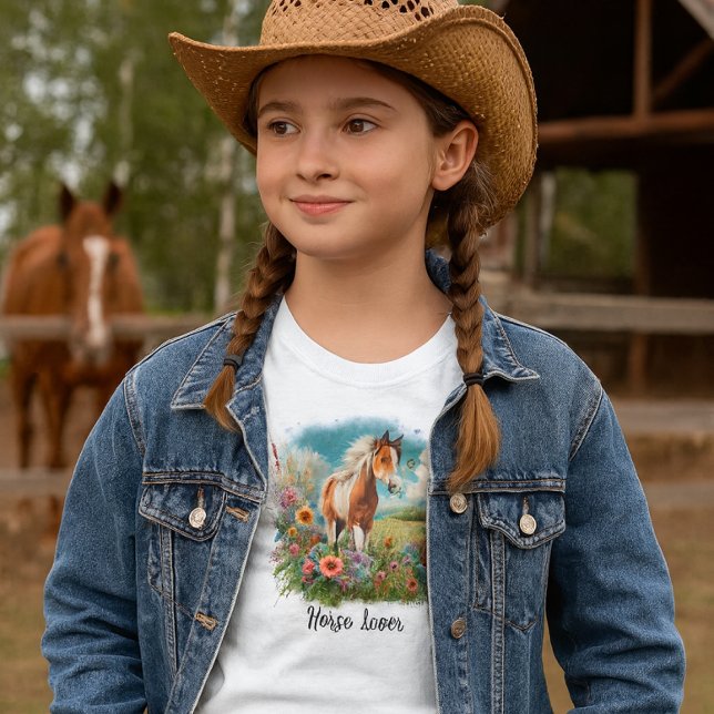 Horse Lover Pinto Foal Girls T Shirt (Girls western look T-shirt .  If she likes horses then she will love this watercolor illustrated tee)