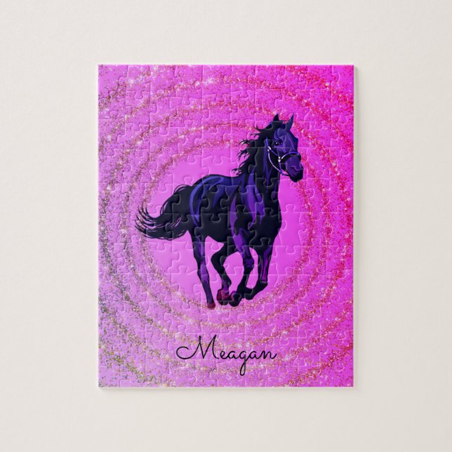 Horse Magenta Glitter Swirl Personlig Pussel (Vertikal)