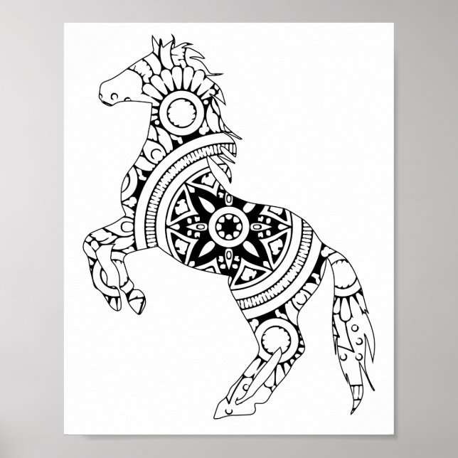 Horse Mandala Back and White Silhouette Teckning Poster (Framsidan)