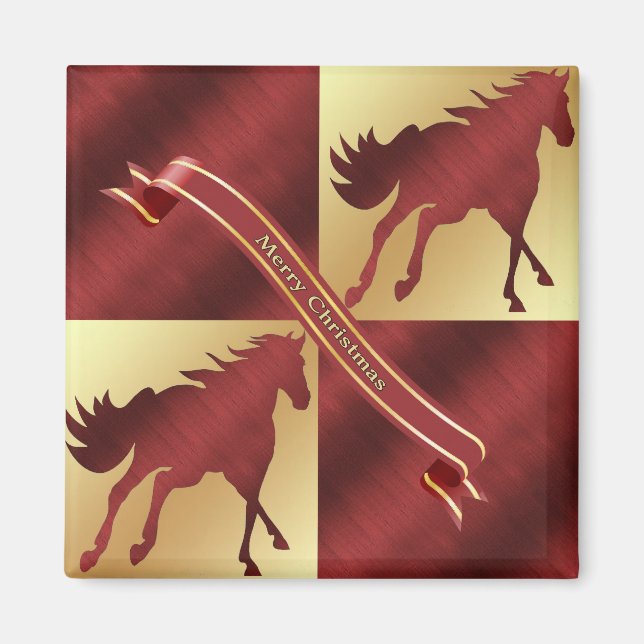 Horse Maroon och Guld God jul Magnet (Framsidan)