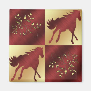 Horse Maroon och Guld med Guld Löv Magnet