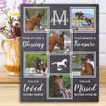 Horse Memorial Photo Collage<br><div class="desc">Fira din bästa vän med en anpassningsbar fotokollage för hushästar i en rustisk skifferdesign. Den här unika minnesbildens keepsaké-plaque är en perfekt för dig själv, familj eller vänner att hedra de älskade. Vi hoppas att din ridsportsfotografplakett kommer att ge dig glädje, fred och lycklig minnen. Citat: "Ditt liv var en...</div>