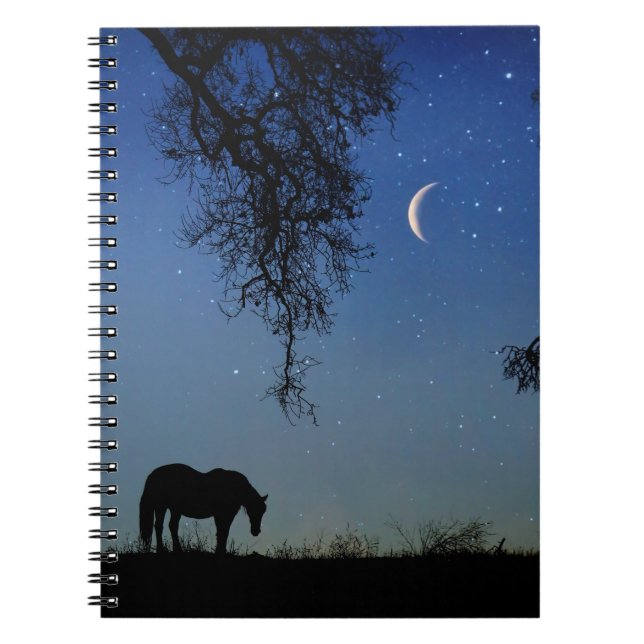 Horse Oak Träd och Måne Whimsical Notebook Anteckningsbok (Framsidan)