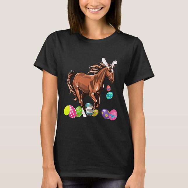 Horse och Bunny Rabbit Hat Påskäggen Lycklig Dag T T Shirt (Framsida)