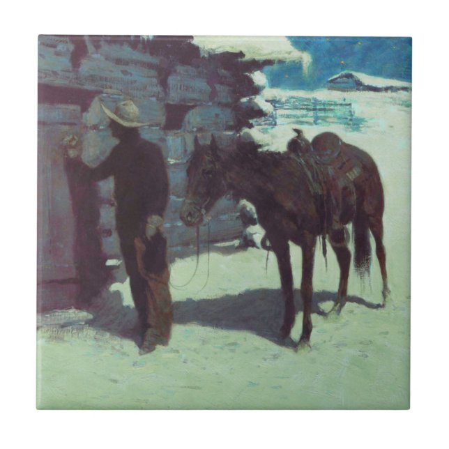 Horse och Cowboy Winter Snö Kakelplatta (Framsidan)