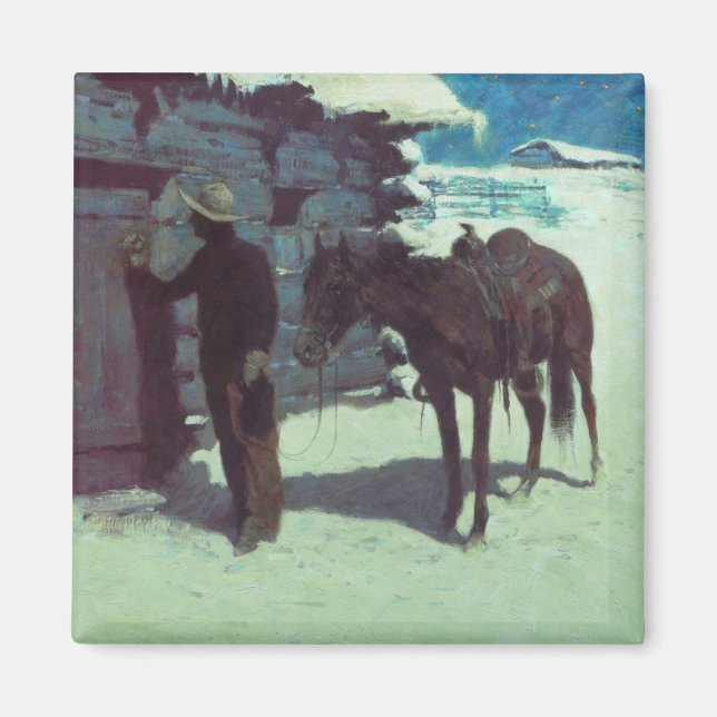 Horse och Cowboy Winter Snö Magnet (Framsidan)
