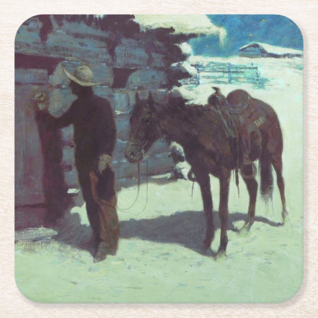 Horse och Cowboy Winter Snö Underlägg Papper Kvadrat (Framsidan)