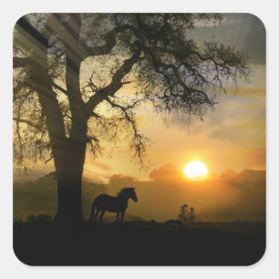Horse och Oak Träd med Sunrise Stickers Fyrkantigt Klistermärke