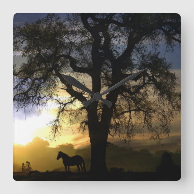 Horse och Oak Träd Sunset Clock Fyrkantig Klocka (Framsida)