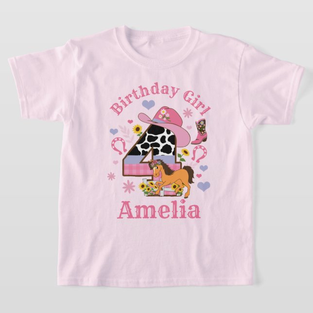 Horse Party Fjärde födelsedagskjortan Rodeo Cowgir T Shirt (Laydown)