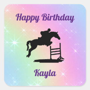 Horse Pastel Show Jumping Birthday Stickers Fyrkantigt Klistermärke