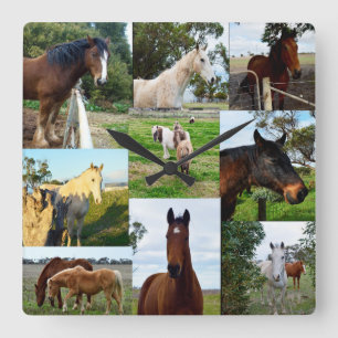 Horse Photo Collage Fyrkantig Klocka