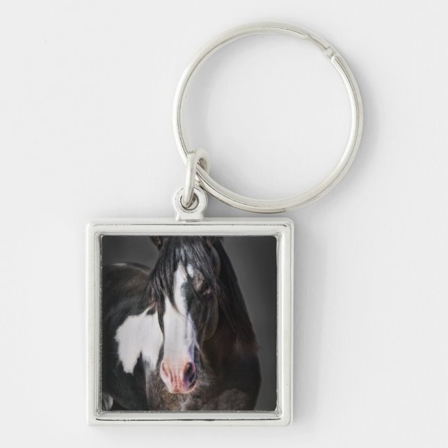 Horse Porträtt II Fyrkantig Silverfärgad Nyckelring (Framsidan)