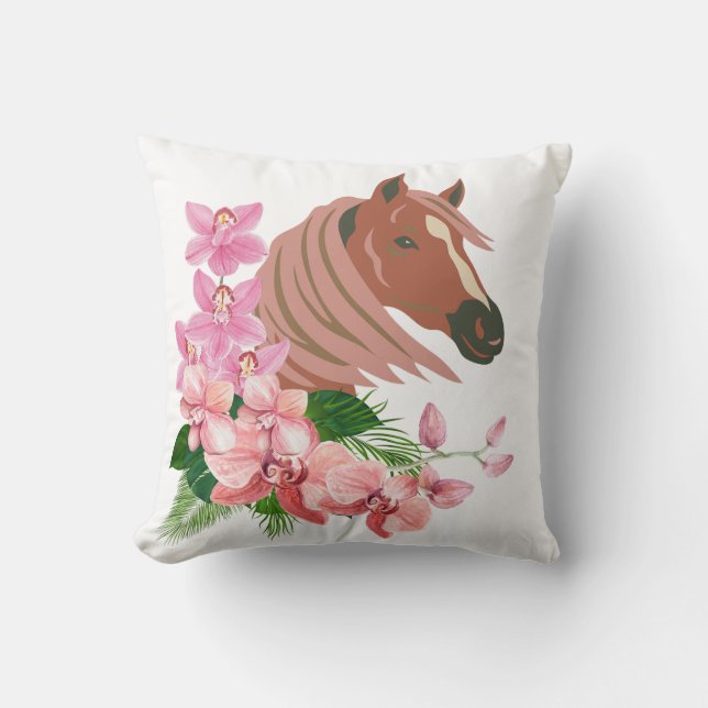 Horse porträtt med orkidblomning kudde (Framsida)