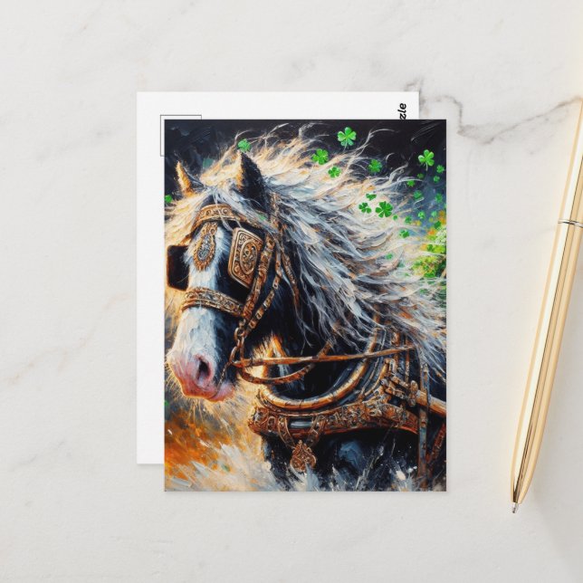 Horse Pulling a Load of Shamrocks Vykort (Fram/Back In Situ)