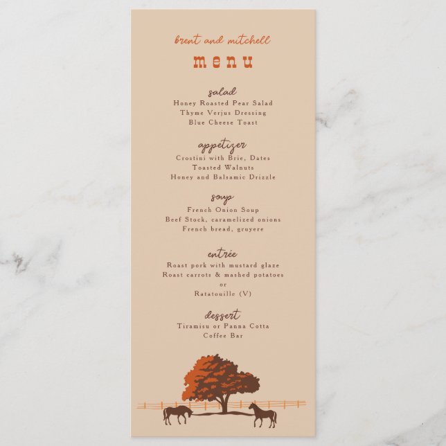 Horse Rail Fence Oak Horses Bröllop Dinner Menu Meny (Framsida)