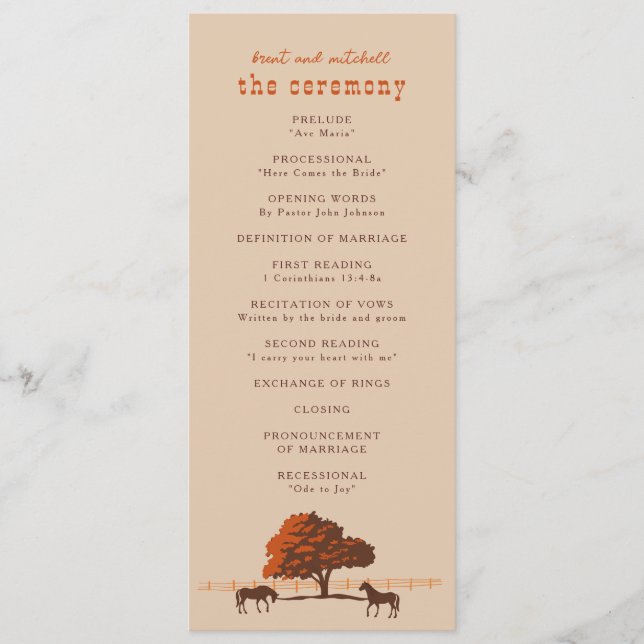 Horse Rail Fence Oak Horses Bröllop Program (Framsida)