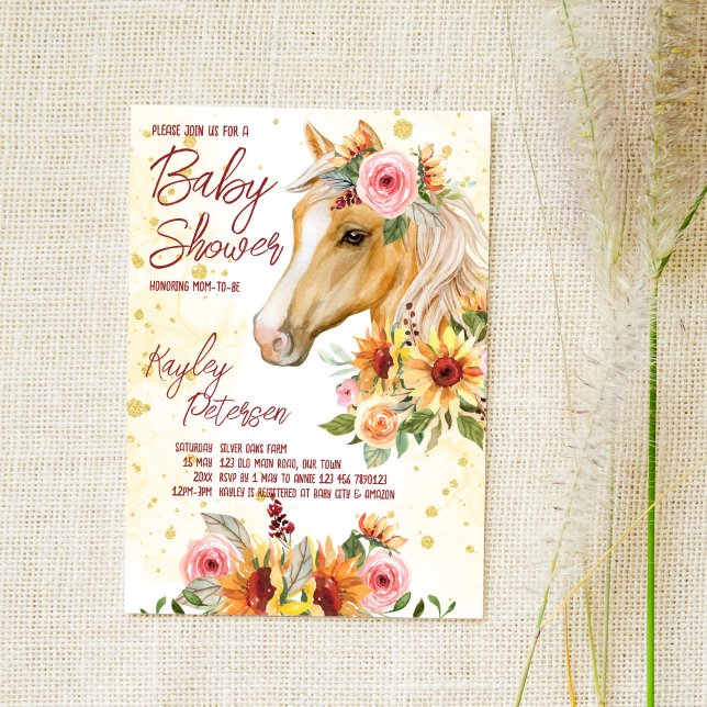 Horse ranch sunblommor rosa blommor babydusch inbjudningar (Skapare uppladdad)