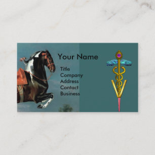 HORSE REARING AND GULD CADUCEUS VETERINARY SYMBOL VISITKORT