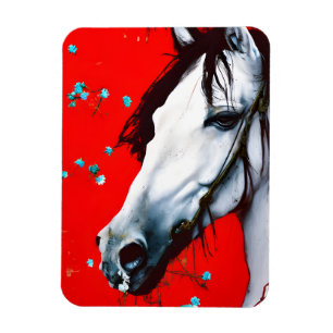 Horse Red Background Blåa blommor Magnet