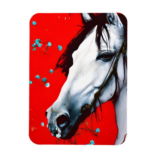 Horse Red Background Blåa blommor Magnet (Vertikal)