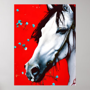 Horse Red Background Blåa blommor Poster
