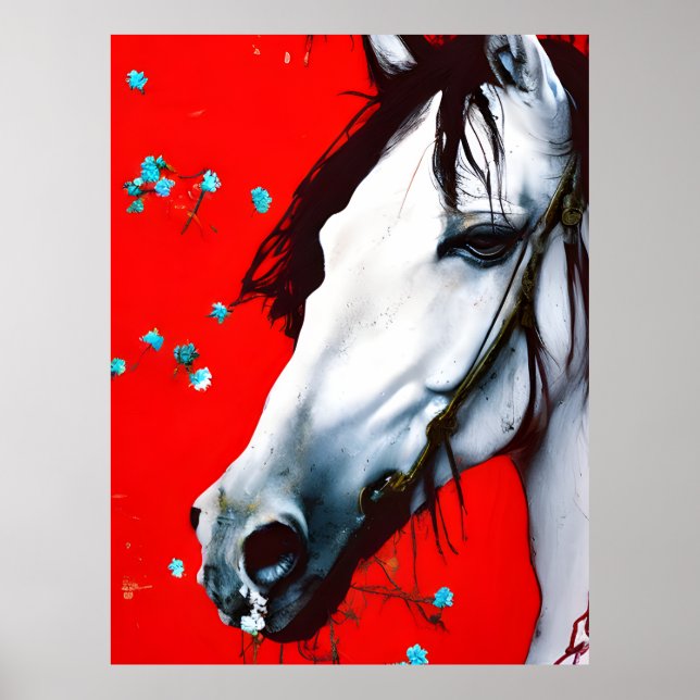 Horse Red Background Blåa blommor Poster (Framsidan)