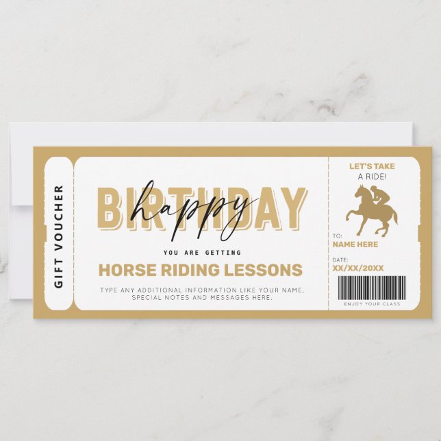 Horse Riding Lessons Guld Gift Biljett Voucher (Framsida)