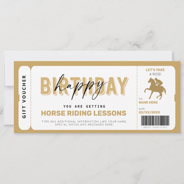Horse Riding Lessons Guld Gift Biljett Voucher Inbjudningar (Framsida)