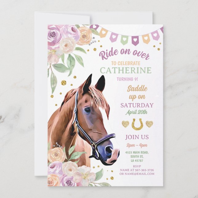 Horse Riding Party Lilac Pony Flower Girl Birthday Inbjudningar (Framsida)