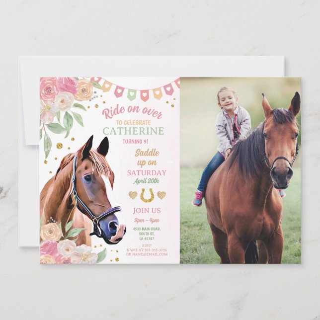 Horse Riding Party Photo Pony Flower Girl Birthday Inbjudningar (Framsida)