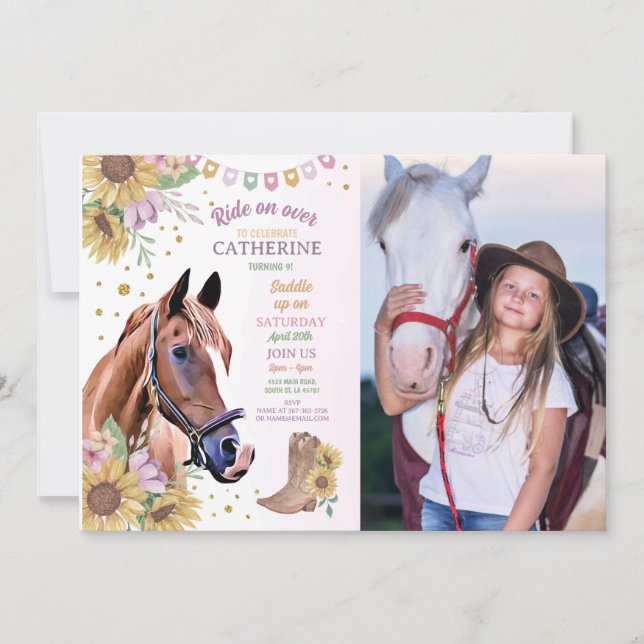 Horse Riding Party Pony SunblommGirl Birthday Inbjudningar (Framsida)