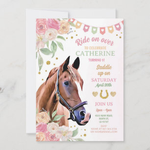 Horse Riding Party Rosa Pony Flower Girls Birthday Inbjudningar